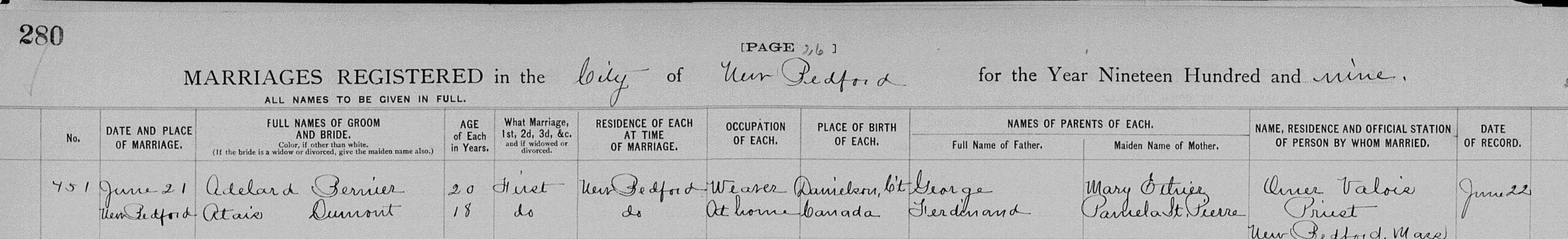 Marriage record for Donat Bernier's mother, a Dumont.