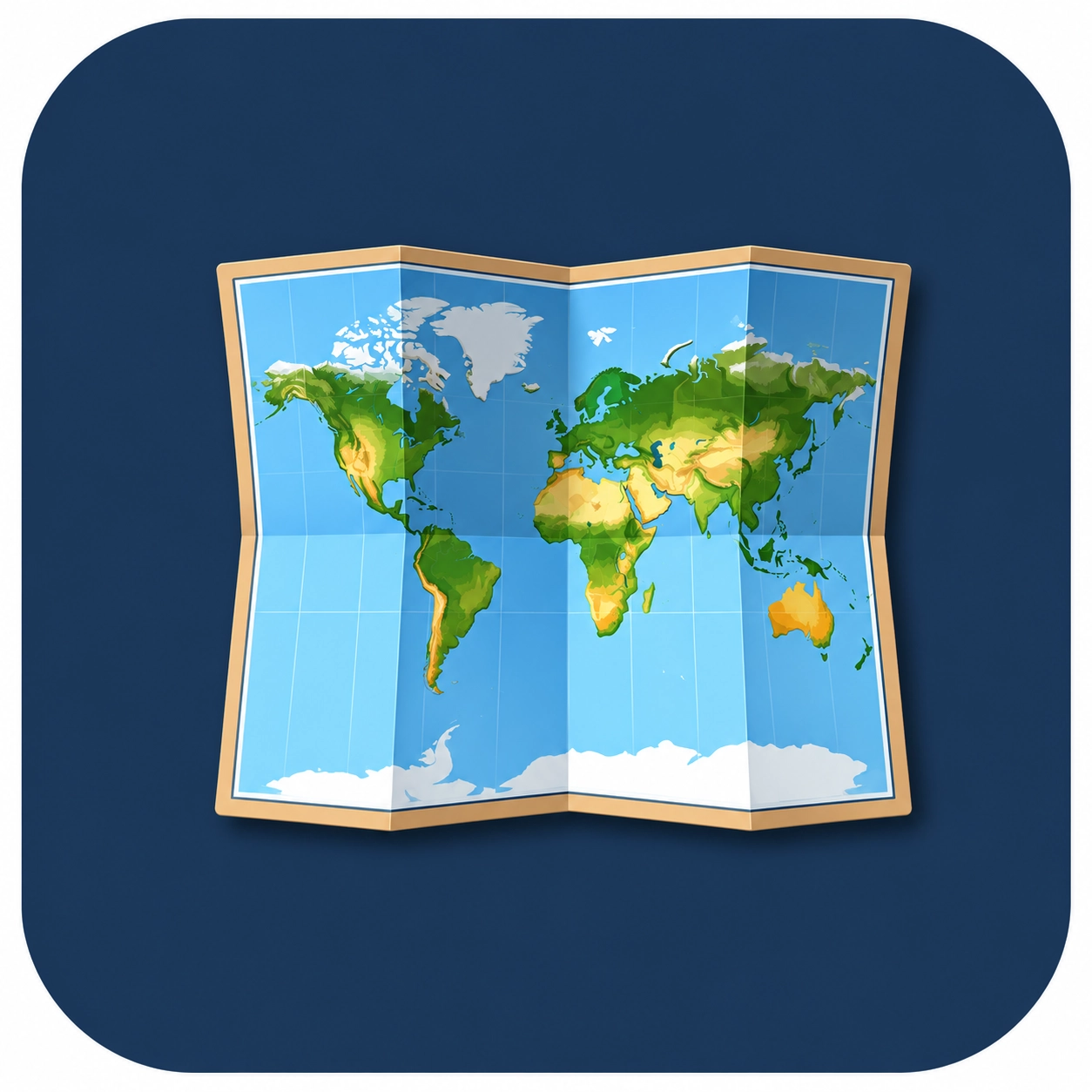 A folded world map is displayed on a dark blue background.