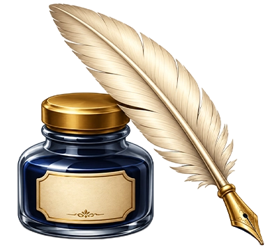 A quill pen rests next to an ink bottle with a gold lid and blank label.